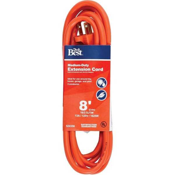 All-Source SJTW Extension Cord, 16 AWG, Outdoor, 16/3, 1 Outlets, Orange, 8 ft OU-JTW-163-8-OR - main